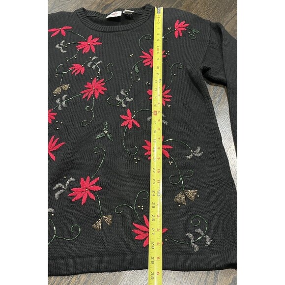 Nutcracker Tunic Sweater Women’s Medium Beaded Poinsettia Holiday Black Dress - Picture 6 of 8